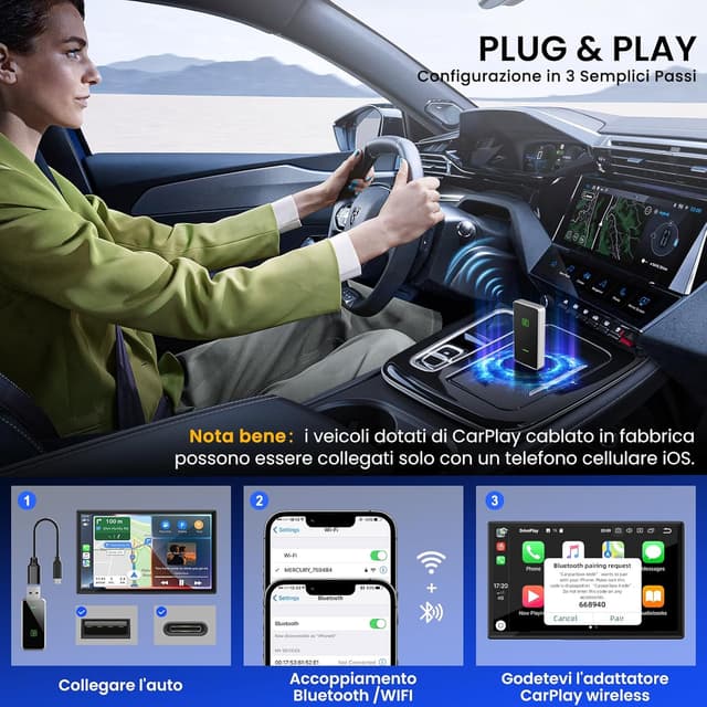 Detalle 2 de CUGEFRE Adattatore CarPlay senza fili: converti CarPlay cablato in wireless, Plug & Play per iPhone (iOS 12+)