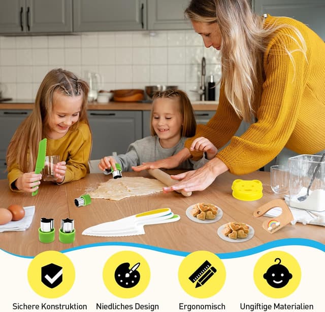 Detalle 1 de Kindermesser 16-teiliges Kinder-Sicherheits-Kochmesser-Set (inkl. Schneidebrett & Ausstechformen) – für Kinder ab 2 Jahren