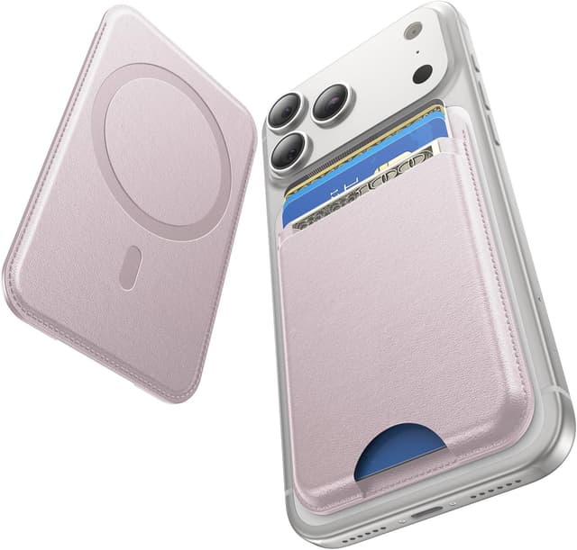 Detalle de Fanseesy MagSafe Wallet (5 Card Holder) slim magnetic leather wallet with 1 card slot and cash slot – Pink