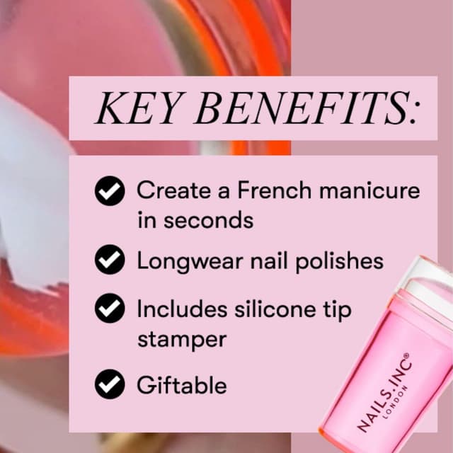 Detalle de Nails Inc 45 Second Speedy Gloss French Manicure Hack Set (Pink) – No Chip, Quick Dry, Silicone Stamper (3-piece)