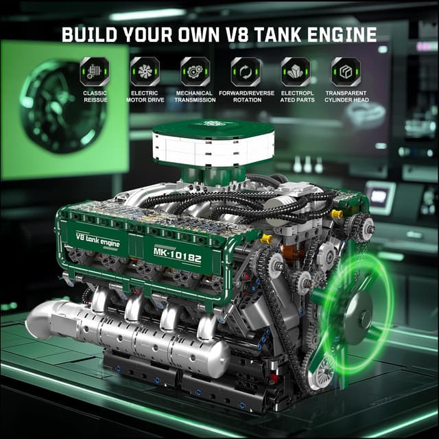 Detalle de Mould King 10182 Technik V8 Twin‑Turbo Motor – Klemmbaustein-Funktionsmodell (2250 Teile)