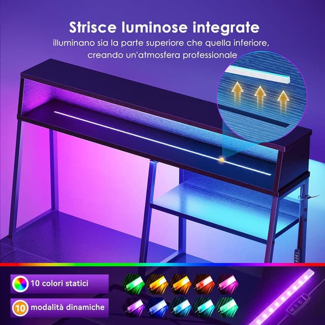 Detalle de Coleshome scrivania gaming angolare reversibile con LED RGB e scaffale 130x100 cm, colore nero
