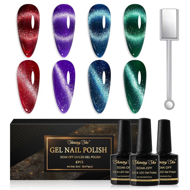 Detalle de Shining She UV Nagellack CatEye-Set (4 Farben) mit Magnet – Burgund, Rot, Lila, Blau/Grün/Glitzer, 8 ml