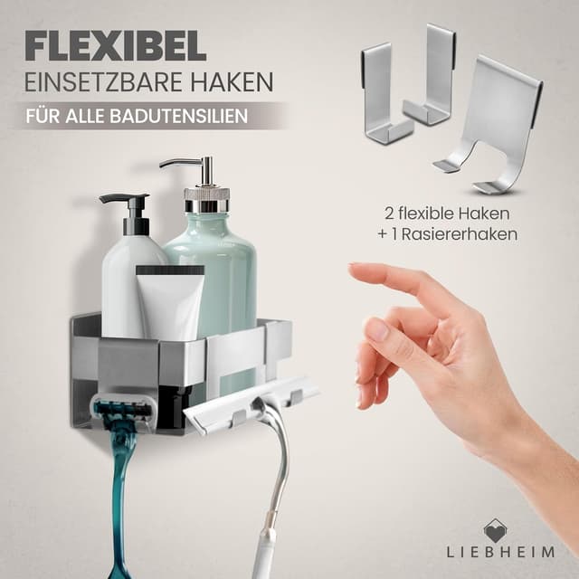 Detalle de LIEBHEIM Duschablage ohne Bohren – Badregal & Duschkorb mit Edelstahlablage, Klebemontage und Haken