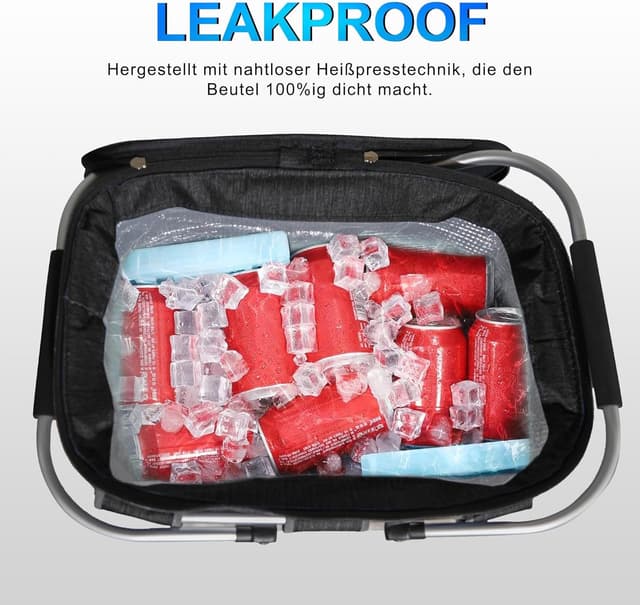 Detalle de ABIUBIU Kühltasche Einkaufskorb mit Isolierung, 26 Liter, 100% wasserdicht – große Kühlbox fürs Büro und Unterwegs