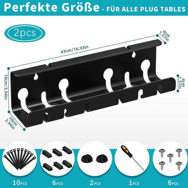 Detalle de StowBin StowBin Kabelkanal fürs Schreibtisch-Kabelmanagement (Edelstahl) – 2er-Set schwarz, inkl. Zubehör