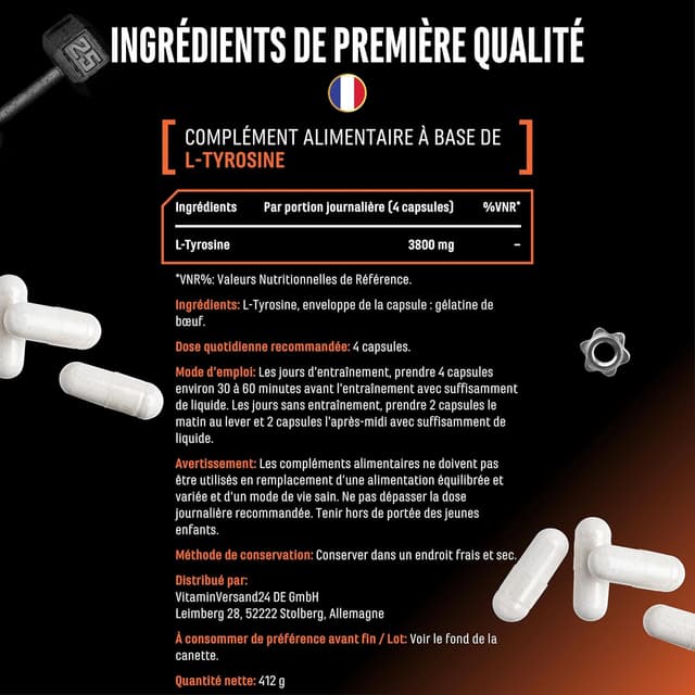 Detalle de L-Tyrosine Ultra Caps – 365 gélules de L-tyrosine pure (950 mg) pour vos routines d’entraînement