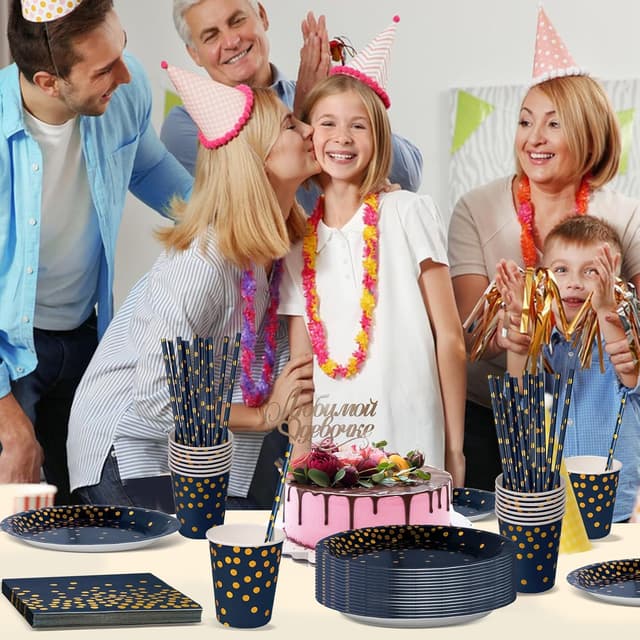 Thumbnail 4 de Nkaiso Partygeschirr 120 Stück Marineblaugold