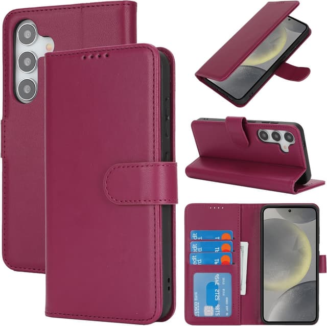 Detalle de Zouzt Wallet Case for Samsung Galaxy S24 (Red) with 3 Card Slots, Pocket, Magnetic Clasp & Kickstand