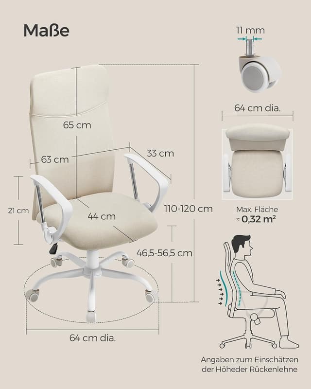 Detalle de SONGMICS Bürostuhl OBN034K01: ergonomischer Drehstuhl mit S-förmiger Rückenlehne, höhenverstellbar und neigbar