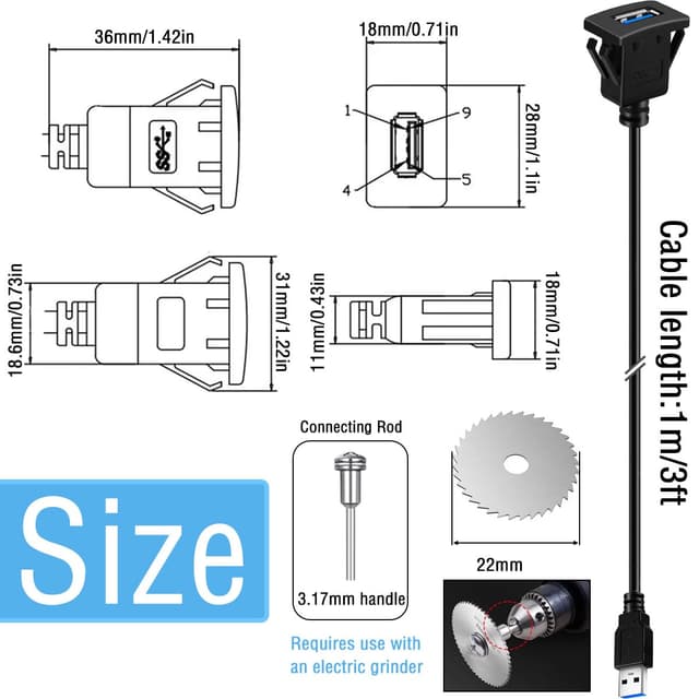 Detalle de DAOKAI USB 3.0 Panel Flush Mount Cable (Square, Single Port) with Buckle Dash Mount, 1m