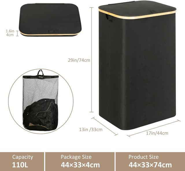 Detalle de iEGrow 110L Laundry Hamper with Lid (Collapsible) in Black