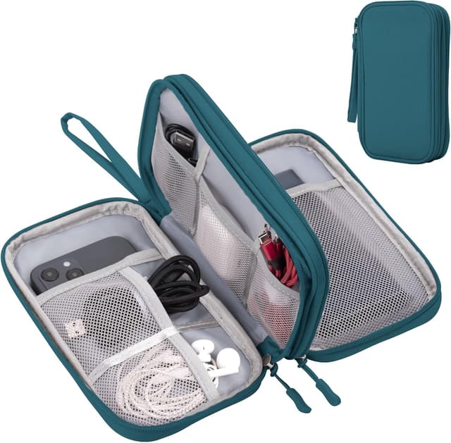 Detalle de Arae Electronic Accessories Organizer Travel Cable Bag (Double-Layer Storage) – Dark Green, M