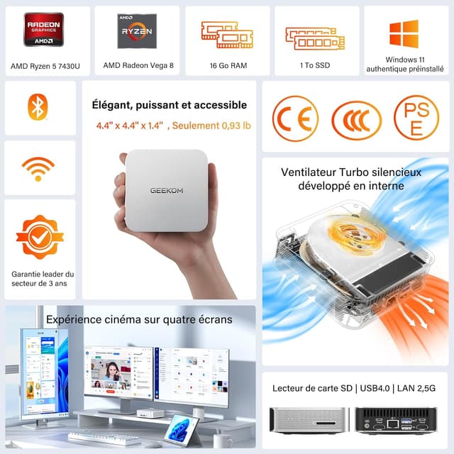 Detalle 2 de GEEKOM A5Pro Mini PC AMD Ryzen 5 7430U (16 Go RAM, Windows 11 Pro) : polyvalent et pensé pour le multi-écrans