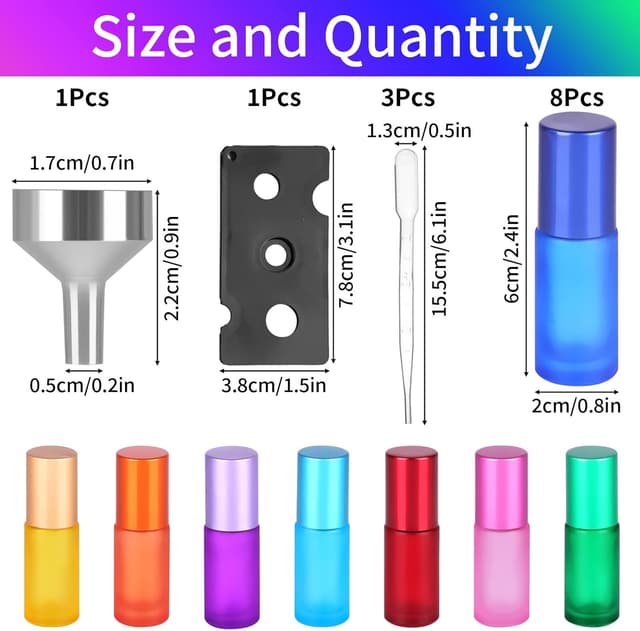 Detalle de Ailvor Roll-on Glasflaschen für Ätherisches Öl (8 Stück), 5 ml mit Edelstahl-Roller und Zubehör