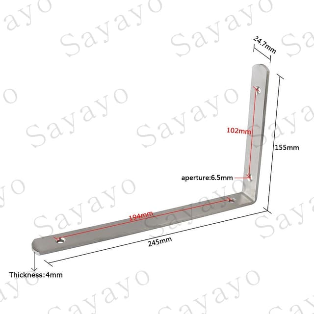 Detalle de SAYAYO EJ5218-2P 4mm Shelf Bracket Corner Brace (Stainless Steel, 245 x 155mm) – 2 Pack