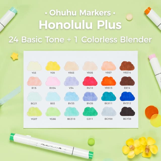 Detalle de Ohuhu Alcohol Markers Supreme Brush & Chisel (Honolulu Plus) – 24 colours + 1 blender, refillable dual-tip pens