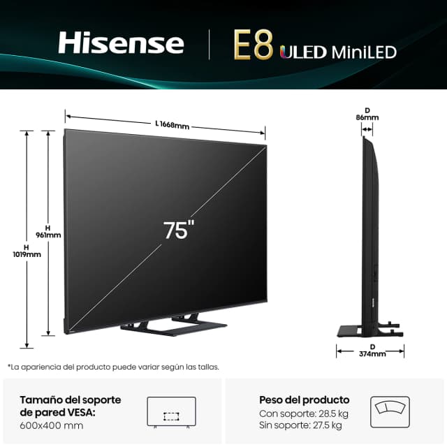 Thumbnail 1 de Hisense 75E8Q 75" TV