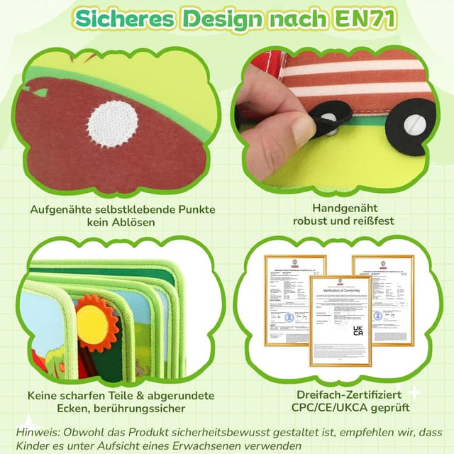 Detalle 2 de Kyteazr Busy Board Montessori Spielzeug ab 1 Jahr – 25-in-1 Quiet Book Bauernhof für unterwegs