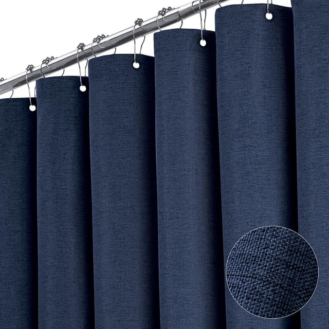 Detalle de BTTN Navy Blue Linen-Textured Heavy-Duty Waterproof Shower Curtain Set (72x72) with 12 Plastic Hooks