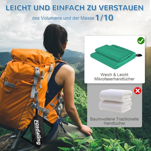 Detalle de Mikrofaser Handtuch 3er Set (200×100 cm + 2×80×40 cm) – schnelltrocknendes Sport-, Reise- und Strandtuch in Grasgrün