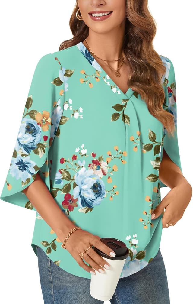 Detalle de Aodemo women’s chiffon blouse V-neck tunic with 3/4 sleeves (loose office-to-casual top)