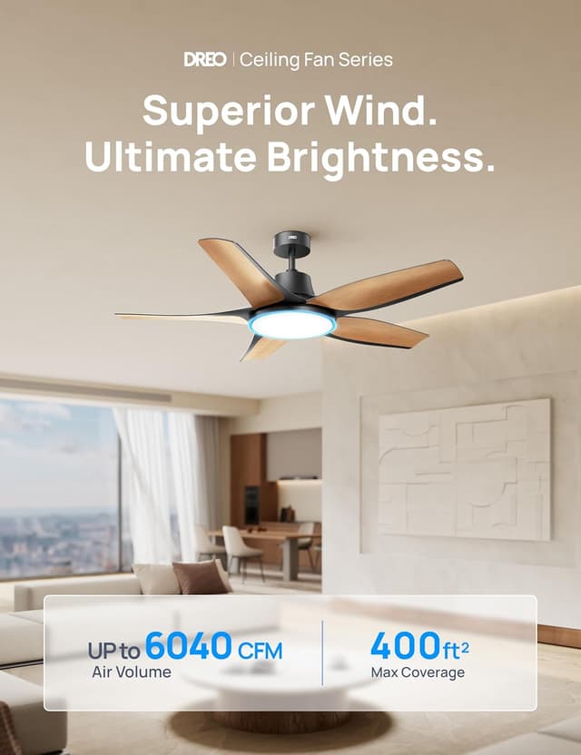 Detalle de DREO Smart Ceiling Fan with Lights (Low Profile, 52in) with Alexa/App Control, Dimmable RGB Ambiance, Black