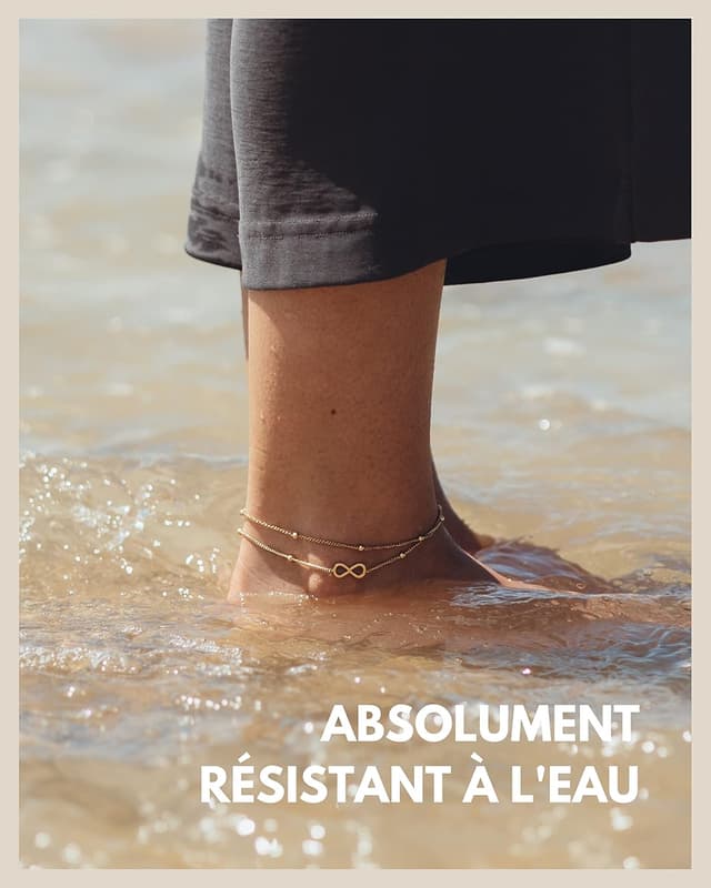 Detalle de Bracelet de cheville Infinity pour femmes, réglable 22–27 cm, résistant à l’eau (acier inoxydable, finitions or 18 carats, argent, or rose)
