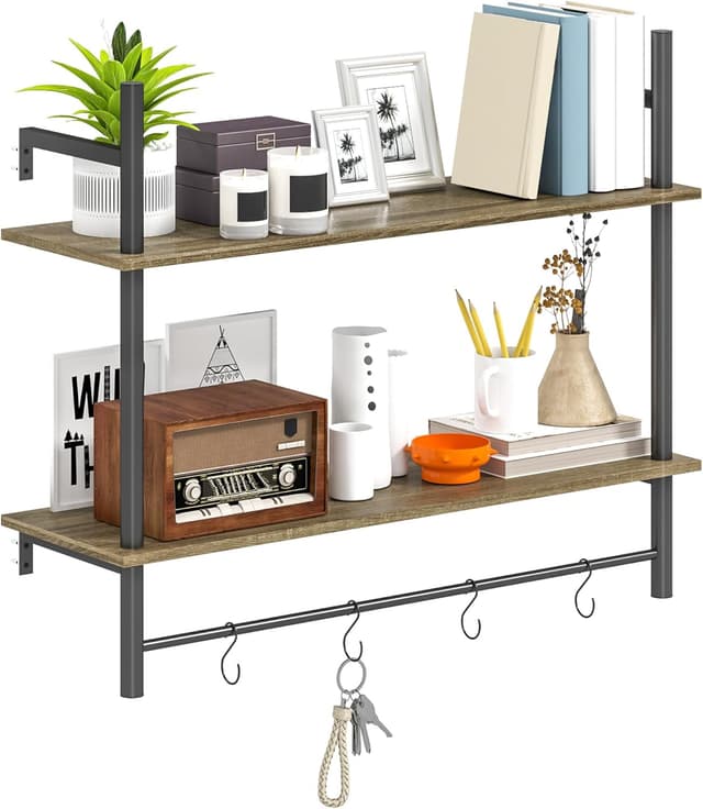 Detalle de HOMCOM Floating Shelves wall-mounted shelf with 4 hooks (80cm) in grey