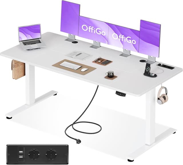 Detalle de OffiGo höhenverstellbarer Schreibtisch 180x80 cm elektrisch mit USB & Steckdosen, 2-Positionen-Speicher