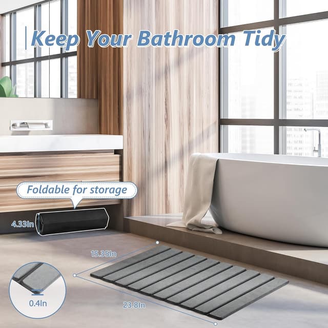 Detalle de AWW Foldable Stone Bath Mat (Diatomaceous Earth) — Quick-Drying, Non-Slip, Easy-Clean Grey