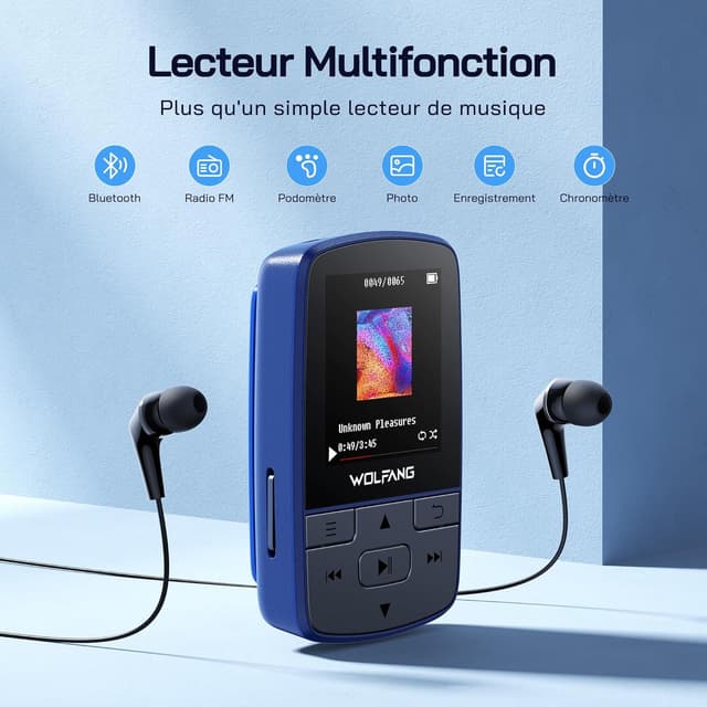 Detalle 2 de Lecteur MP3 WOLFANG WMP01 avec Bluetooth 5.2, 64 Go et clip sport (mini, 28,3 g)