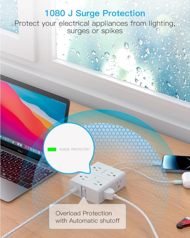 Thumbnail 5 de Surge Protector Power Strip 15ft with 8 Outlets and 4 USB Ports ๐