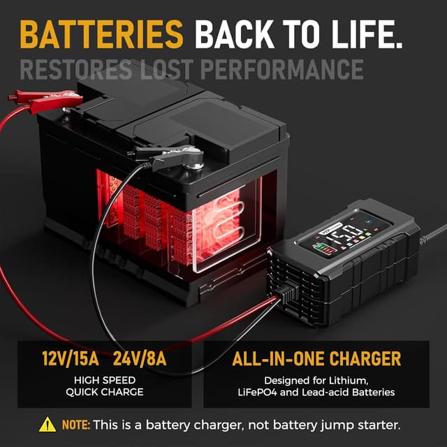 Detalle de PZP 15-Amp 12V/24V Smart Battery Charger, Maintainer & Trickle Charger (9-Stage, LiFePO4 & Lead-Acid)