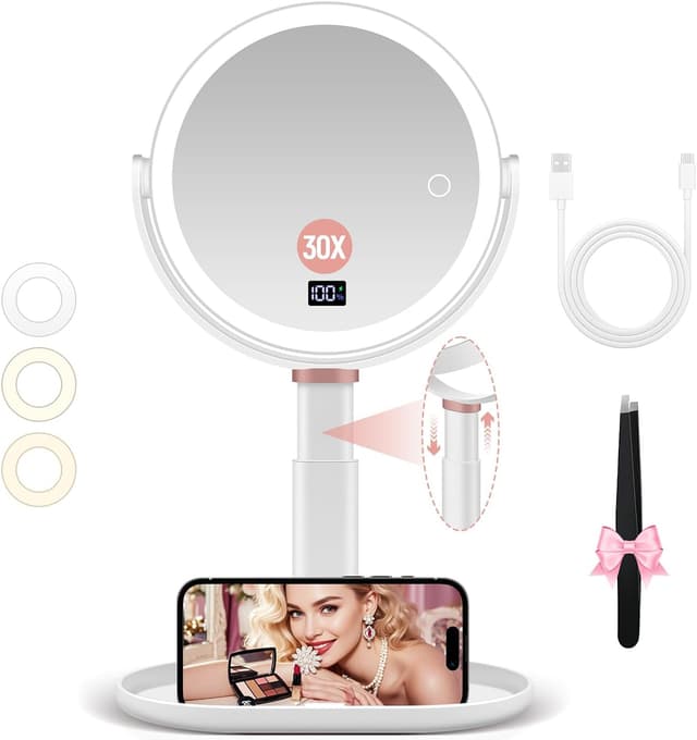 Detalle de Magnifying Mirror with Light 30X/1X Double Sided (with Tweezer) – 3 Colour Modes, Adjustable Brightness & Height, 360° Rotation