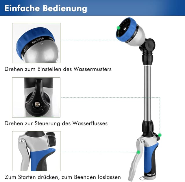 Detalle 2 de RESTMO Garten-Gießstab Metall 42 cm mit 180° schwenkbarem Kopf und 7 Sprühbildern (Blau)