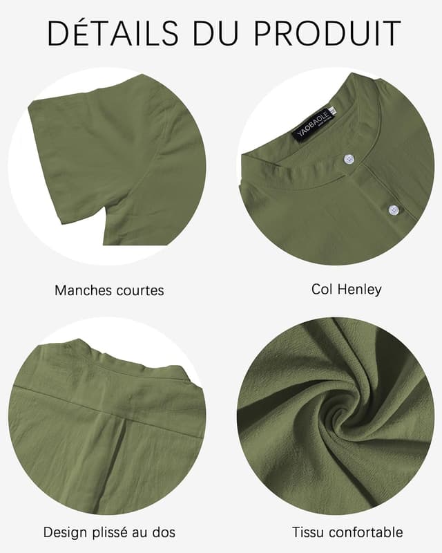 Detalle 1 de YAOBAOLE Chemise en lin homme à manches courtes col Mao (style Henley) pour l’été