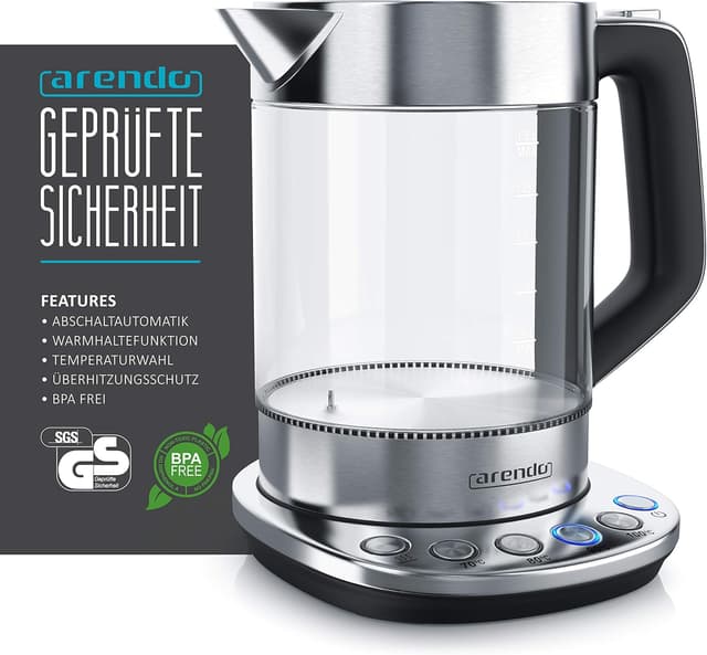 Detalle de Arendo Glas-Wasserkocher mit Temperatureinstellung und Warmhaltefunktion (1,5 l, 2200 W)