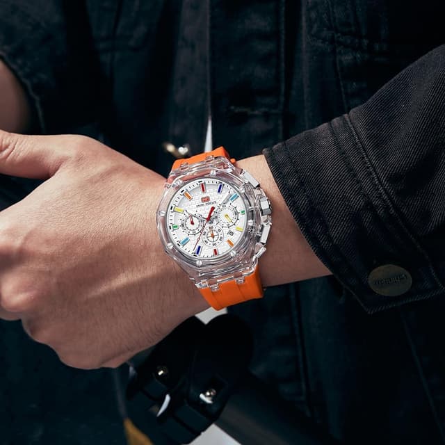 Detalle de MF MINI FOCUS Mini Focus Men Watches : montre quartz multifonction à cadran analogique transparent, bracelet silicone