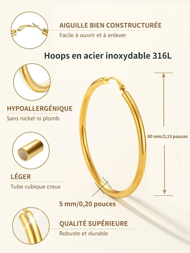 Detalle de FindChic Créoles en acier inoxydable pour femme (20/30/40/60/80 mm) – argenté, doré ou noir, fermoir à homard