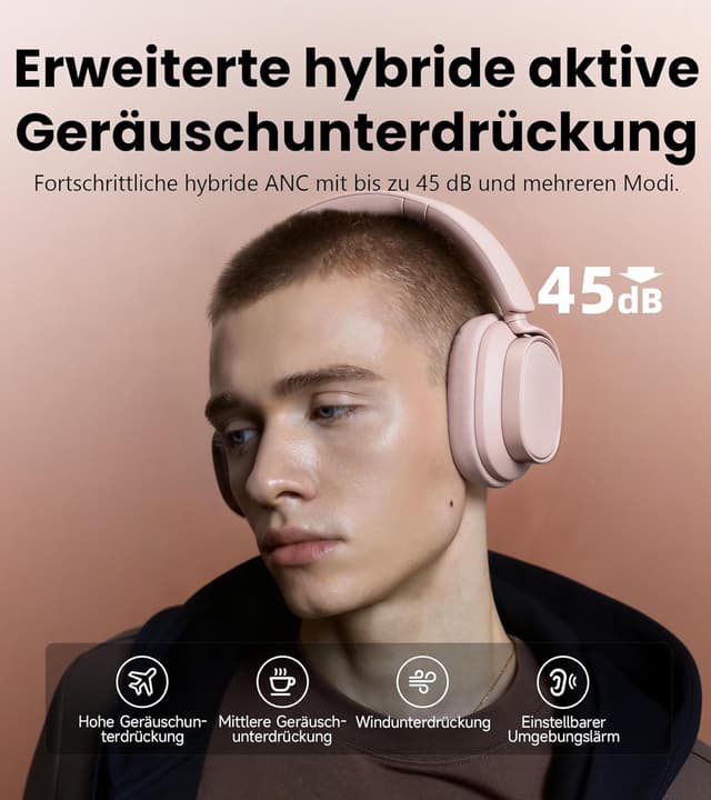 Detalle de Edifier ES850NB kabellose Over-Ear-Kopfhörer mit ANC, LDAC & bis zu 92 h Spielzeit (Bluetooth 5.4, Multipoint) – Rosa