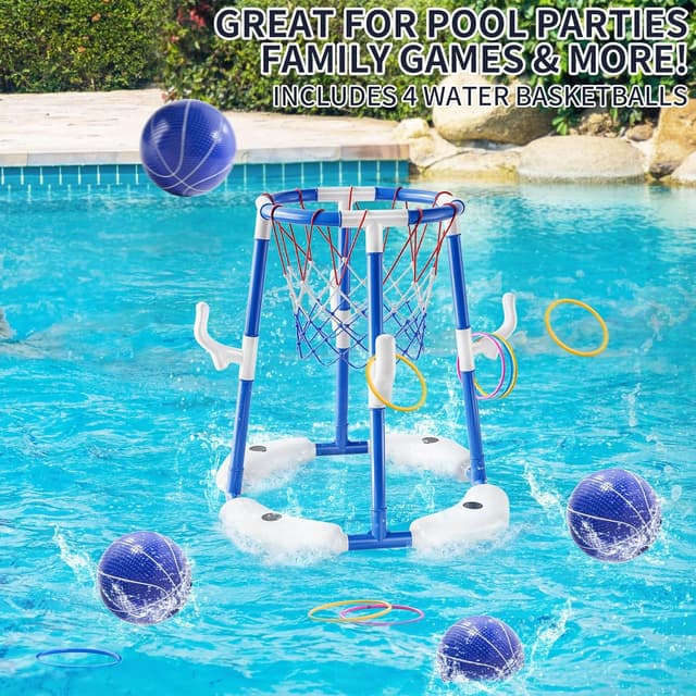 Detalle de NIPLOOOW Pool Basketball Hoop 2-in-1 Floating Pool Toys Set (Blue) with 4 Balls and Pump
