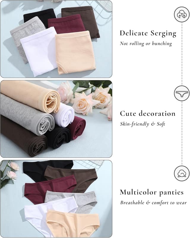 Detalle 2 de ALL OF SHE 6-Pack Cotton Hipster Bikini Underwear for Women (Breathable, Stretch Soft, S–XXL)