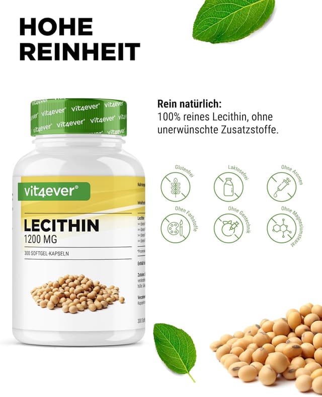 Detalle de vit4ever Lecithin 1200 mg – 300 Softgels (Sojalecithin, ohne Gentechnik)