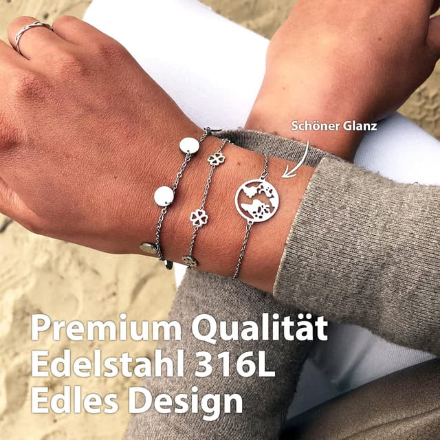 Detalle de BONNYBIRD wasserfestes Edelstahl-Boho-Armband für Damen mit BonnyCoin-Plakette (silber, gold & roségold) – 316L, einstellbar