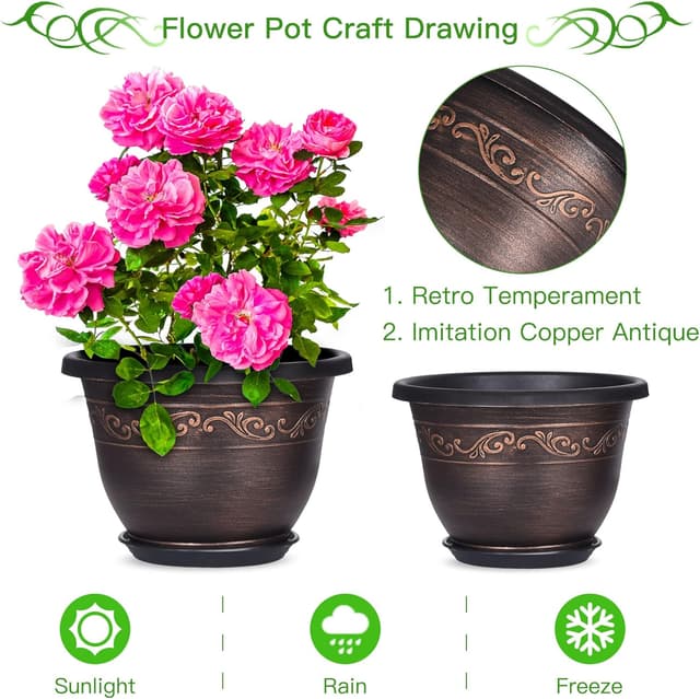 Detalle de Pottiffe 25cm Plastic Plant Flower Planters (3-pack) with Drainage Hole & Saucer