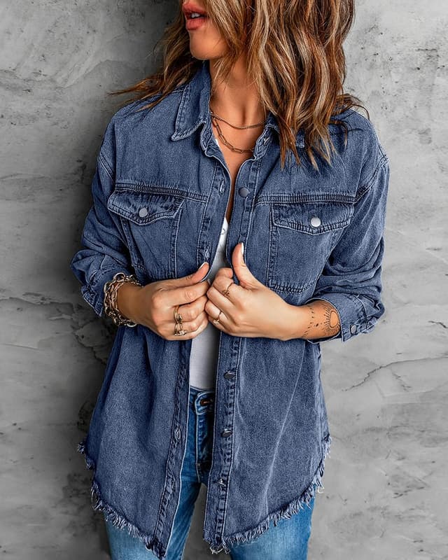 Thumbnail 2 de Vetinee Women’s Oversized Button-Up Frayed Hem Shacket Denim Jacket
