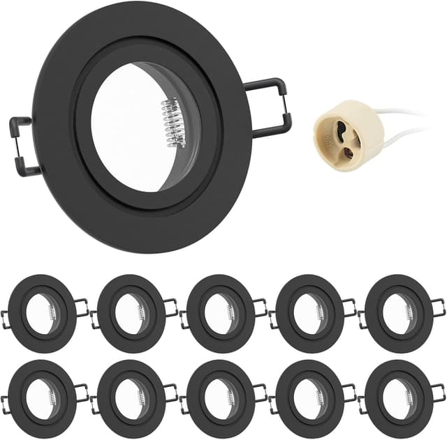 Detalle de Doughelec 10er Einbaustrahler GU10 Rahmen IP44 (Aluminium, schwarz) inkl. GU10 Fassung – rund, flach
