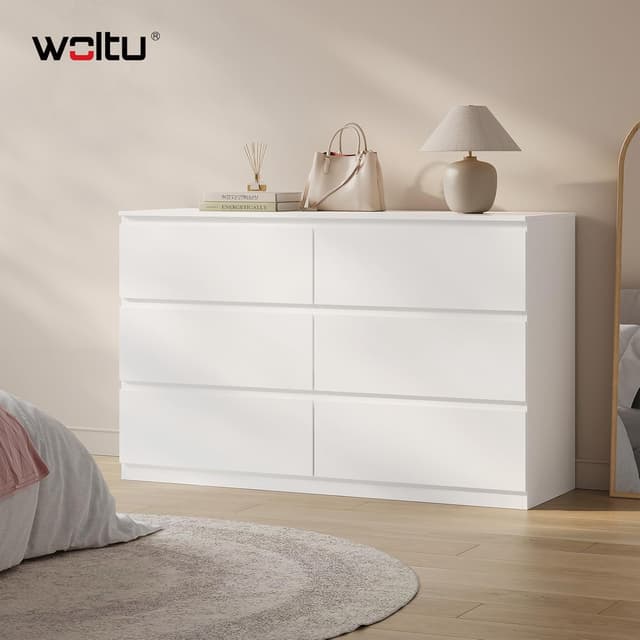 Detalle de WOLTU Kommode weiß mit 6 Schubladen – moderner Schubladenschrank für Wohnzimmer, Schlafzimmer & Flur (120 x 40 x 75 cm)