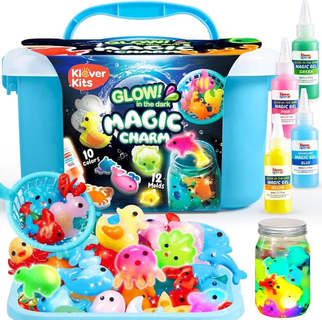 Detalle de Klever Kits Glow-in-the-Dark Water Gel Kit (Magic Fairy Water Pets) with 10 Glow Gels, 12 Sea Creature Molds, and Storage Bottle